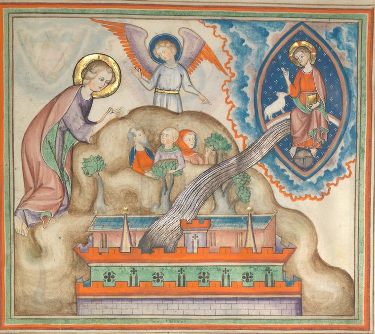 A medieval miniature of a walled city on a hill with green trees, a silver river flowing down from Christ and a lamb in a blue almond-shaped glory, an angel above, and Saint John leaning in from the left.