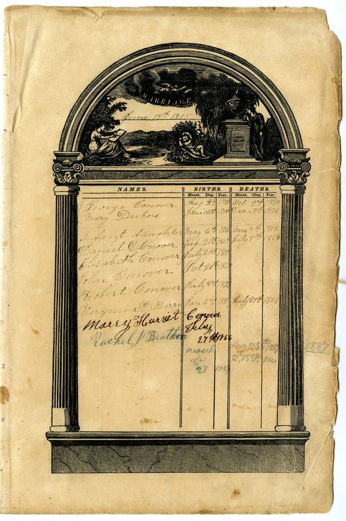 An aged, tan Bible page with an engraved arch labeled Marriage over ruled columns for Names, Births and Deaths, filled with handwritten ink entries for the Conover family.