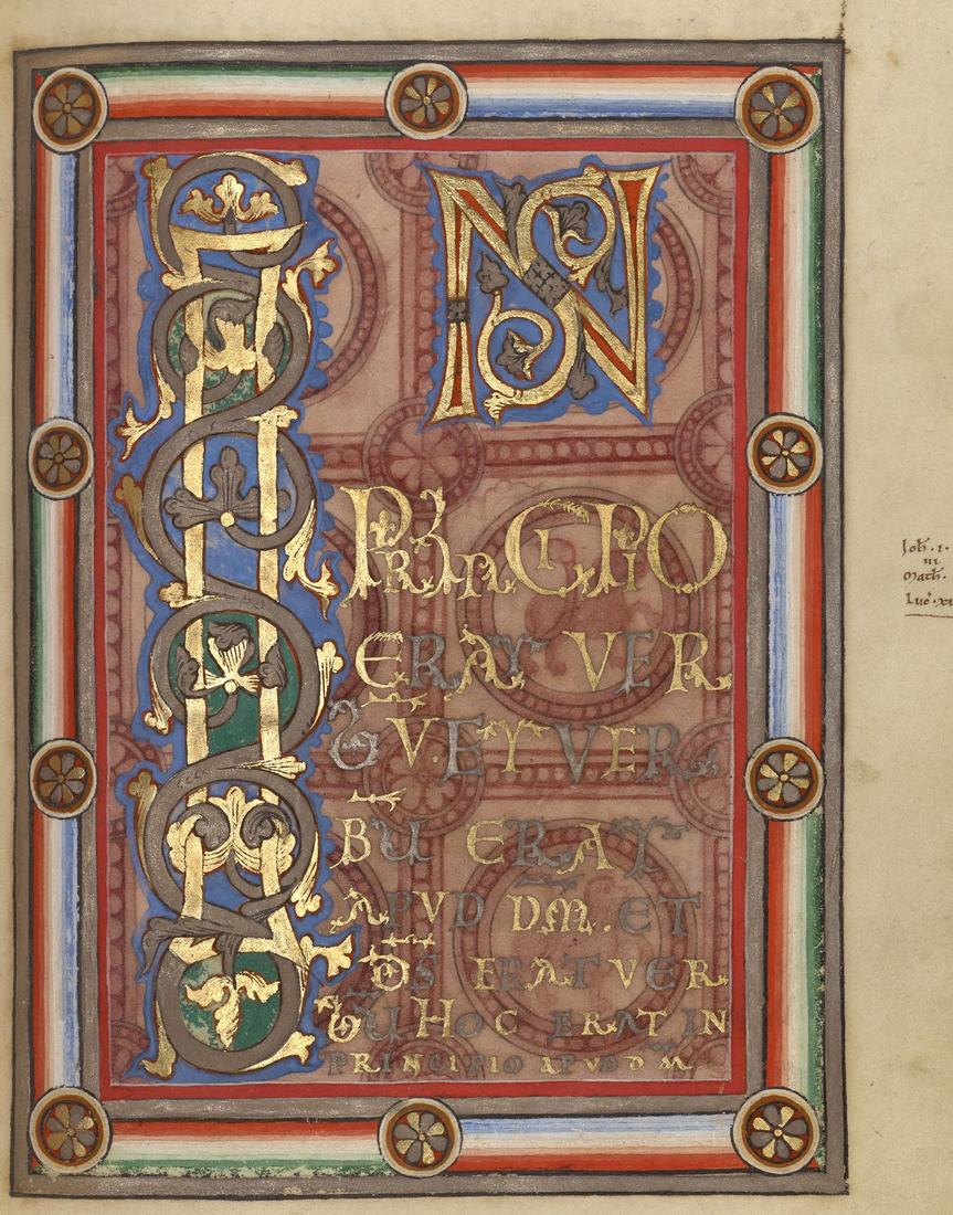 A framed manuscript page with a tall gold initial I wound with leafy scrolls beside a large gold and blue initial N, followed by lines of gold and silver Latin capitals on a rose background with circular patterns.