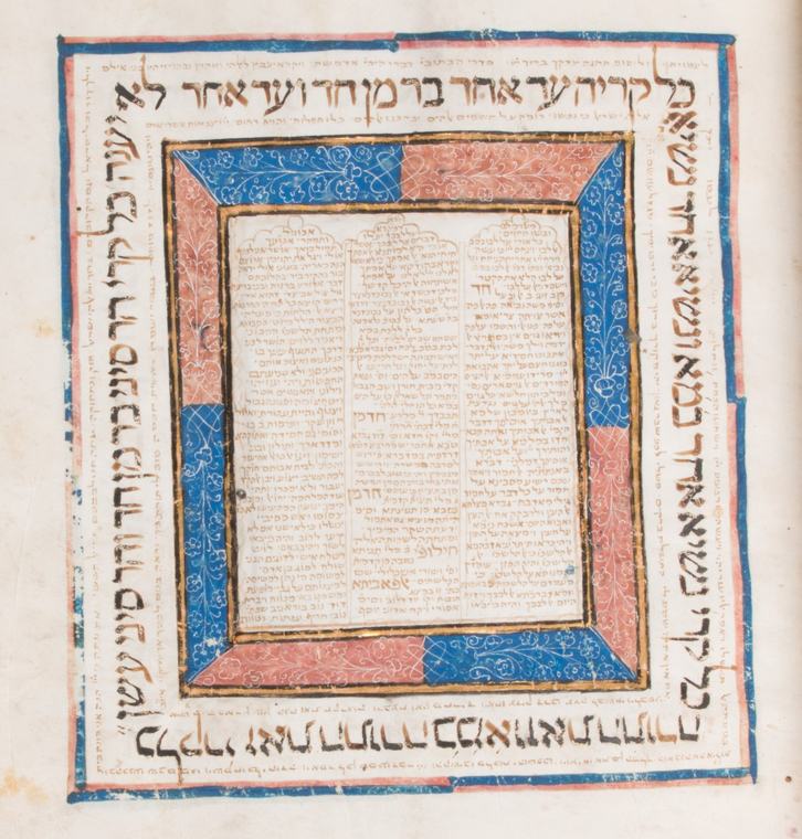 A square frame of blue and pink floral panels edged in gold surrounds three columns of small Hebrew notes, with large black and gold Hebrew lettering around the outer border of the page.