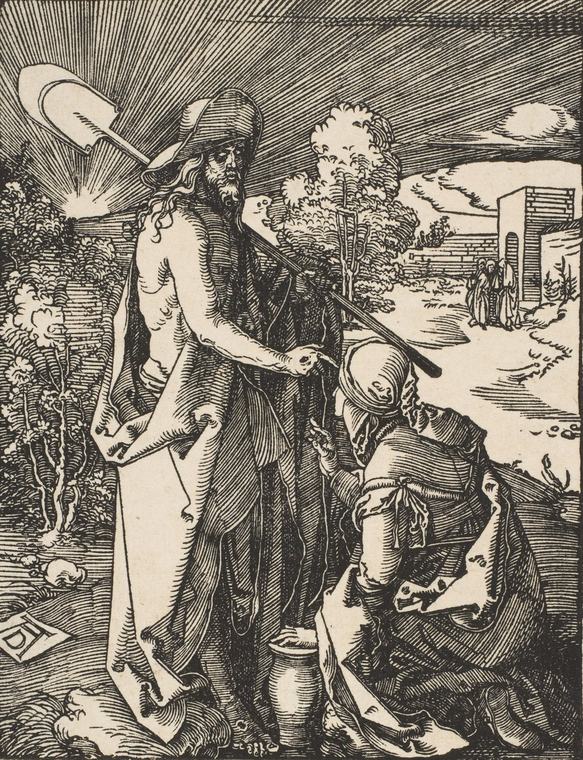 Black-and-white woodcut of a bearded man in a wide-brimmed hat with a spade over his shoulder, pointing down at a kneeling woman beside a jar, with a walled tomb and small figures in the distance.