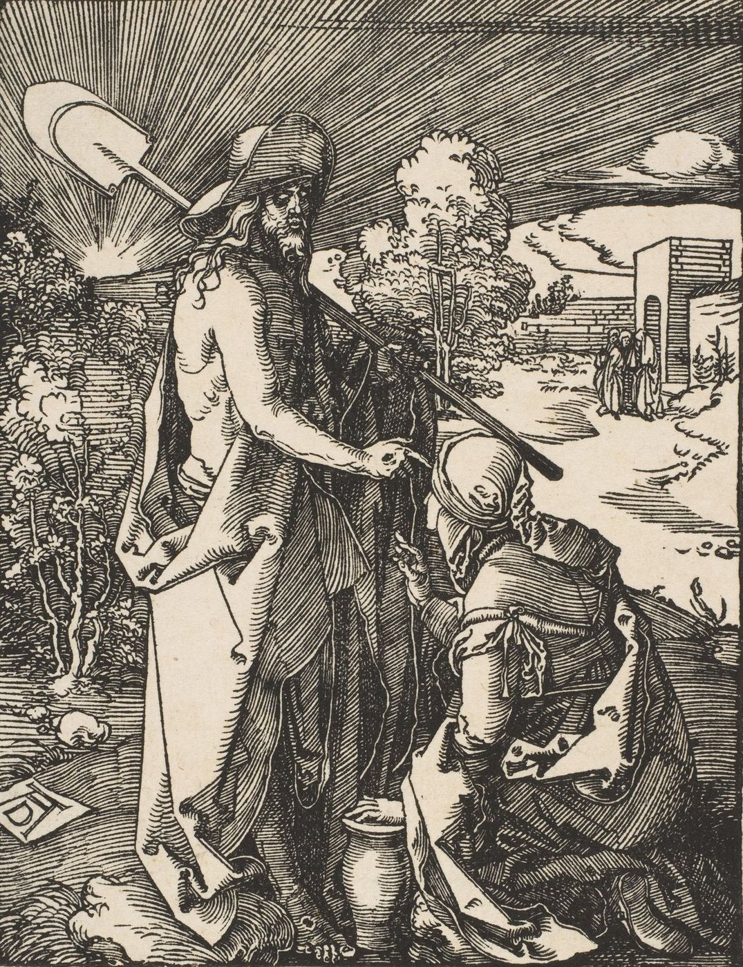 Black-and-white woodcut of a bearded man in a wide-brimmed hat with a spade over his shoulder, pointing down at a kneeling woman beside a jar, with a walled tomb and small figures in the distance.