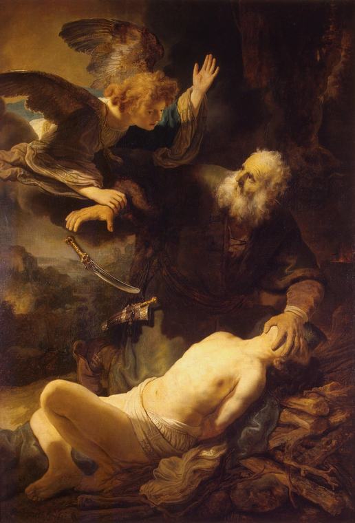 An angel with a raised hand grips the wrist of a white-bearded Abraham as a curved knife falls, while a bare-chested Isaac lies on a pile of wood beneath his father's hand.