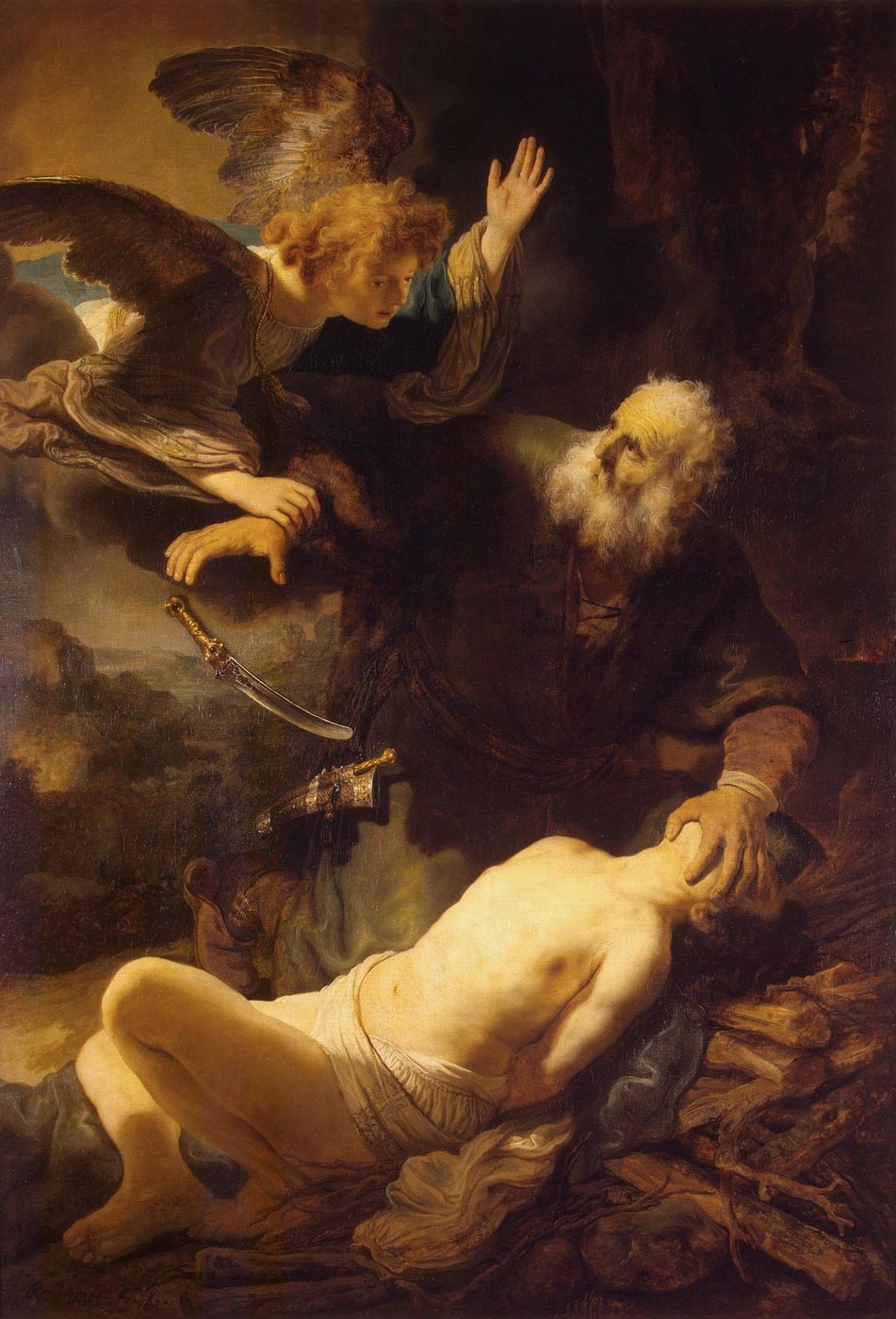 An angel with a raised hand grips the wrist of a white-bearded Abraham as a curved knife falls, while a bare-chested Isaac lies on a pile of wood beneath his father's hand.