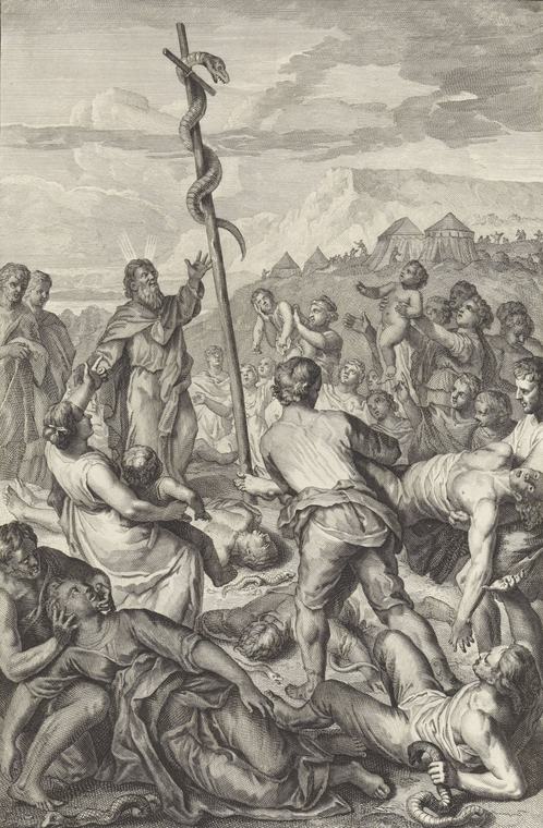 Black-and-white engraving of Moses at left reaching toward a tall pole with a large serpent coiled around it, surrounded by men, women and children looking up, with fallen figures and small snakes in the foreground.