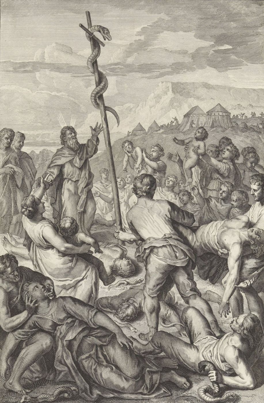 Black-and-white engraving of Moses at left reaching toward a tall pole with a large serpent coiled around it, surrounded by men, women and children looking up, with fallen figures and small snakes in the foreground.
