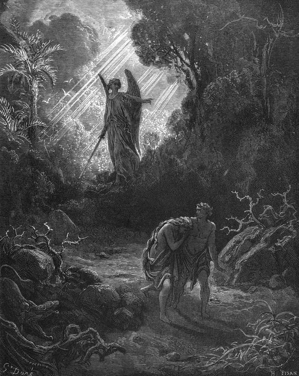 Black-and-white engraving of a winged angel holding a sword and standing in a beam of light among dark trees, while a barefoot Adam and Eve, her face hidden, walk away along a path.