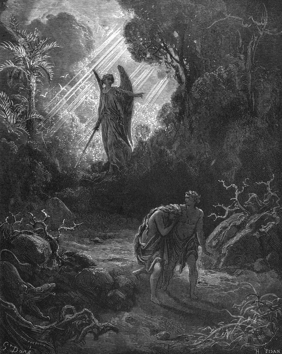 Black-and-white engraving of a winged angel holding a sword and standing in a beam of light among dark trees, while a barefoot Adam and Eve, her face hidden, walk away along a path.
