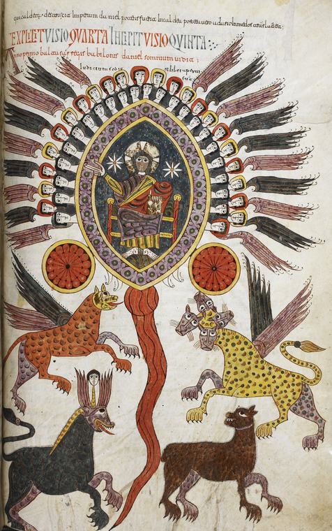 Illuminated manuscript page with an enthroned figure in an oval frame surrounded by rows of winged angel faces, above four colorful beasts and a red stream.