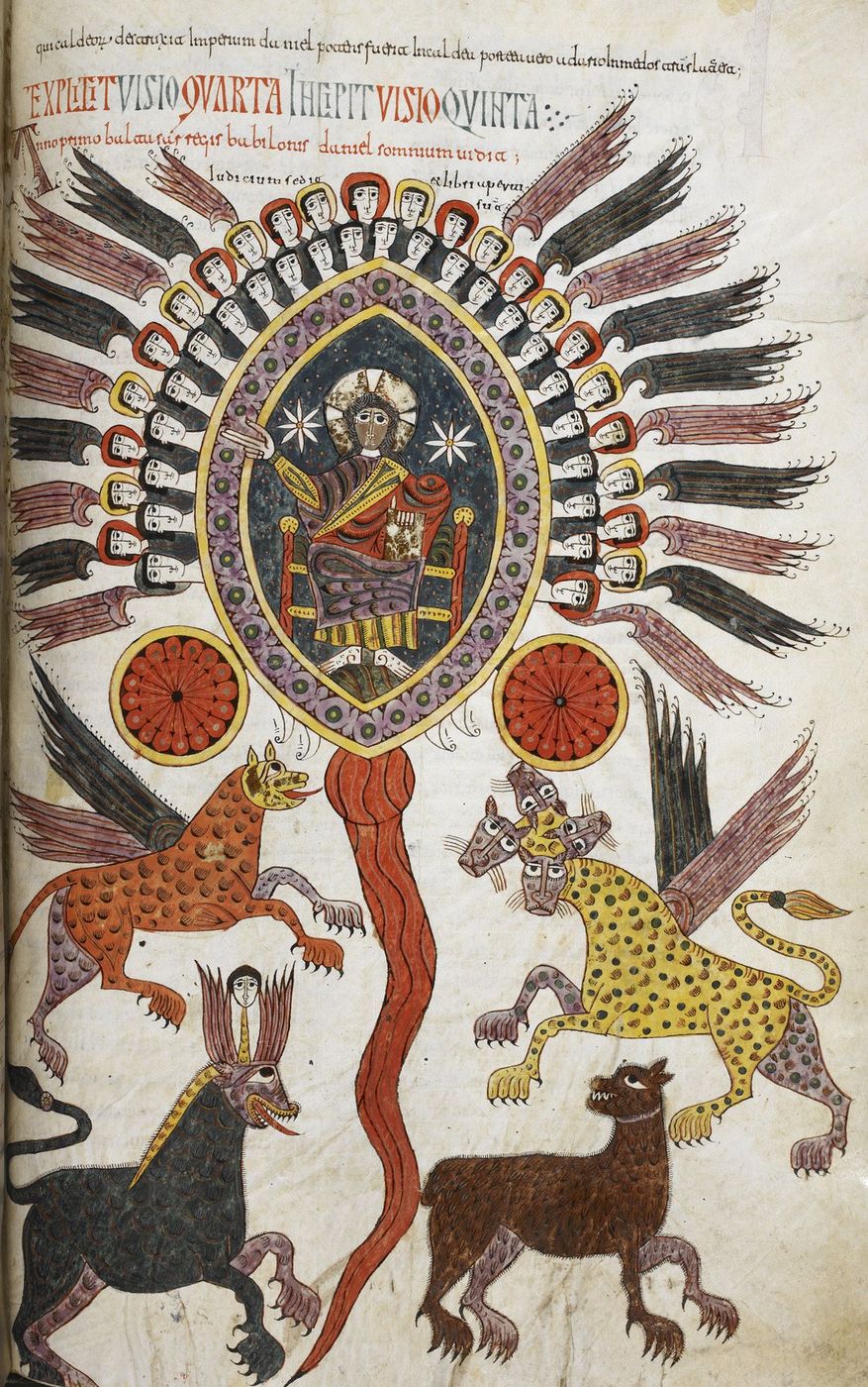 Illuminated manuscript page with an enthroned figure in an oval frame surrounded by rows of winged angel faces, above four colorful beasts and a red stream.