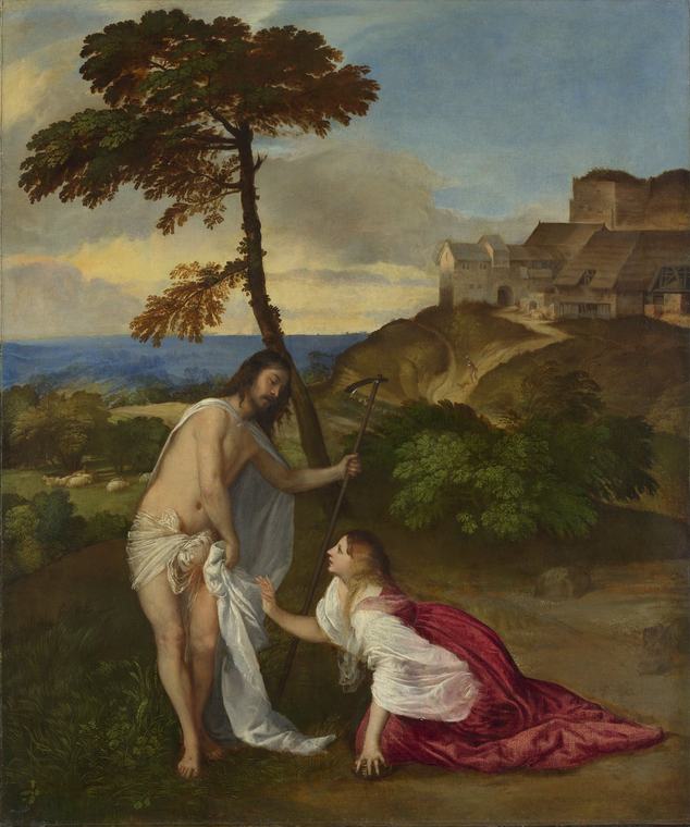 Painting of Mary Magdalene in a crimson skirt and white blouse kneeling on a hillside, her hand raised toward the risen Jesus, who stands under a leaning tree holding a hoe and a white cloth, with a farm and ruined tower behind.