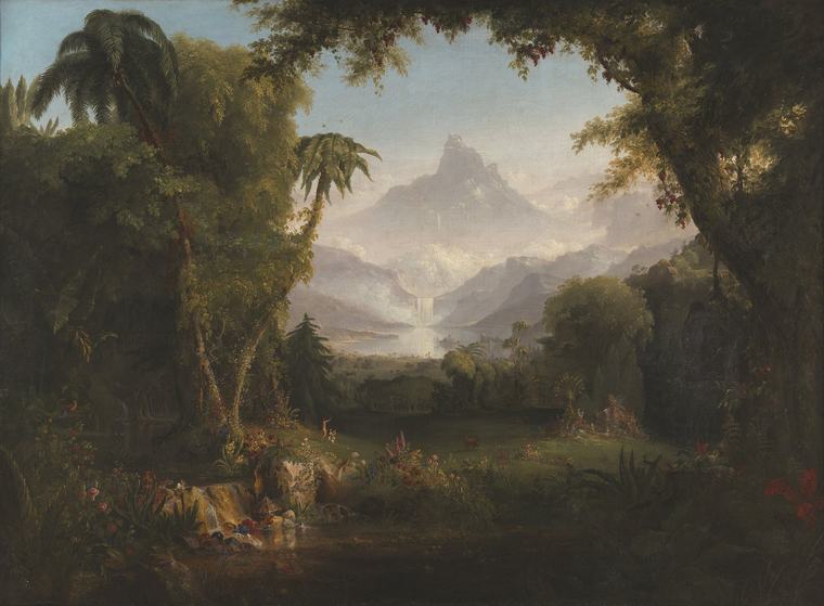 Painting of a sunlit paradise valley framed by dark, vine-hung trees and palms, with a waterfall, a lake and a snow-capped peak in the distance and two tiny figures in a flowered meadow.