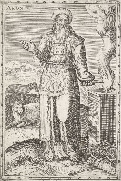 Full-length engraving of a bearded high priest in a turban, a square breastplate with twelve stones and a patterned apron, holding a lidded censer beside a smoking altar, with a bull and a ram behind him.