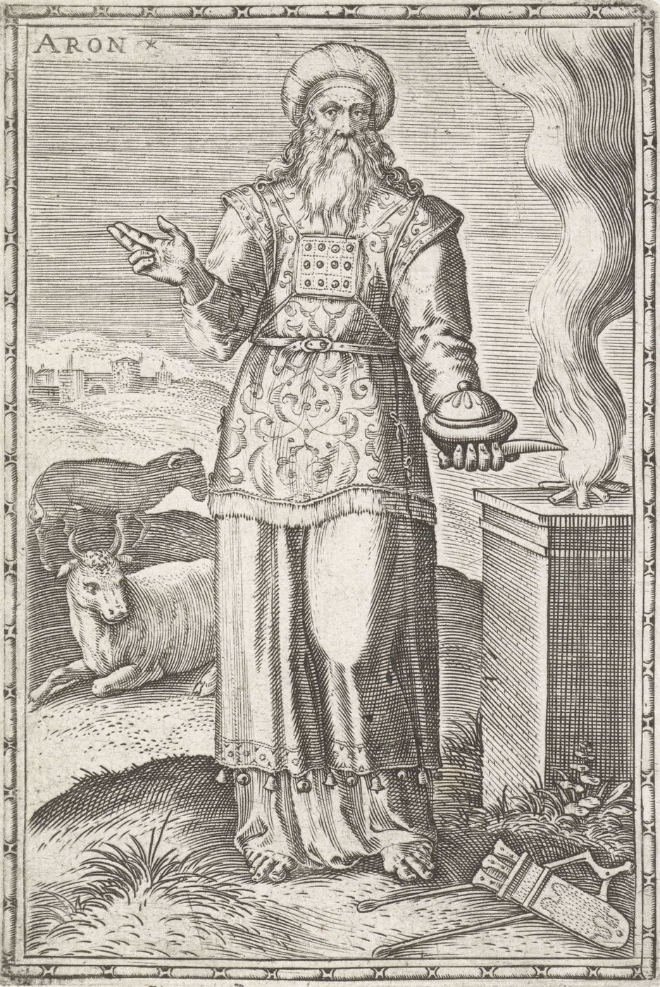 Full-length engraving of a bearded high priest in a turban, a square breastplate with twelve stones and a patterned apron, holding a lidded censer beside a smoking altar, with a bull and a ram behind him.
