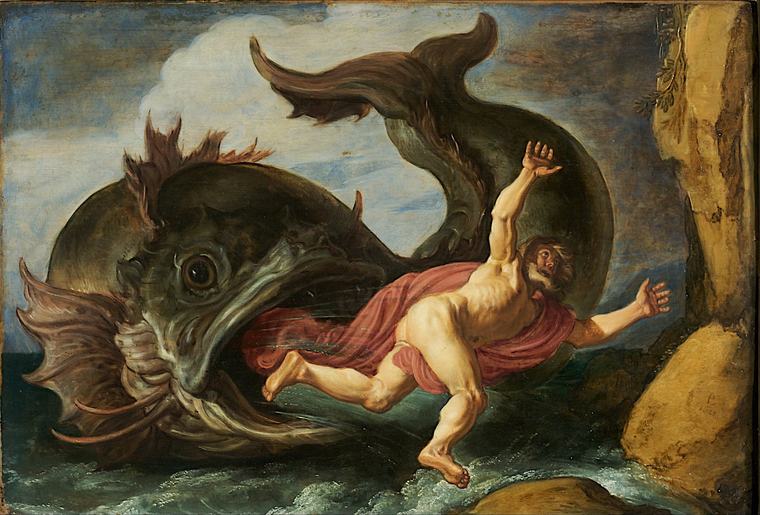 Oil painting of the bearded prophet Jonah, wrapped in a red cloth, tumbling out of the open mouth of a huge fish next to rocks and rough water.