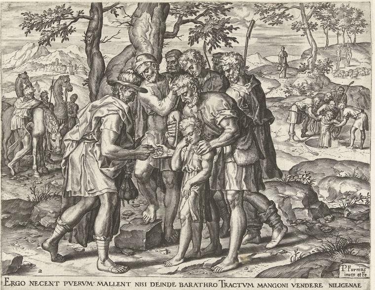 A weeping boy stands among bearded shepherds while a man in a wide hat counts coins into one brother's hand; in the distance other men lower a boy into a well.
