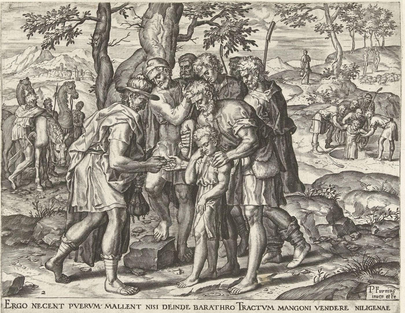 A weeping boy stands among bearded shepherds while a man in a wide hat counts coins into one brother's hand; in the distance other men lower a boy into a well.