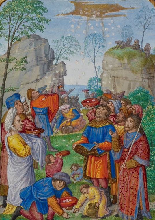 Illuminated miniature in bright blue, red and orange of a crowd looking up at a golden cloud scattering small white flakes, with people catching them in bowls, baskets and cloaks and a kneeling man gathering them from the grass.
