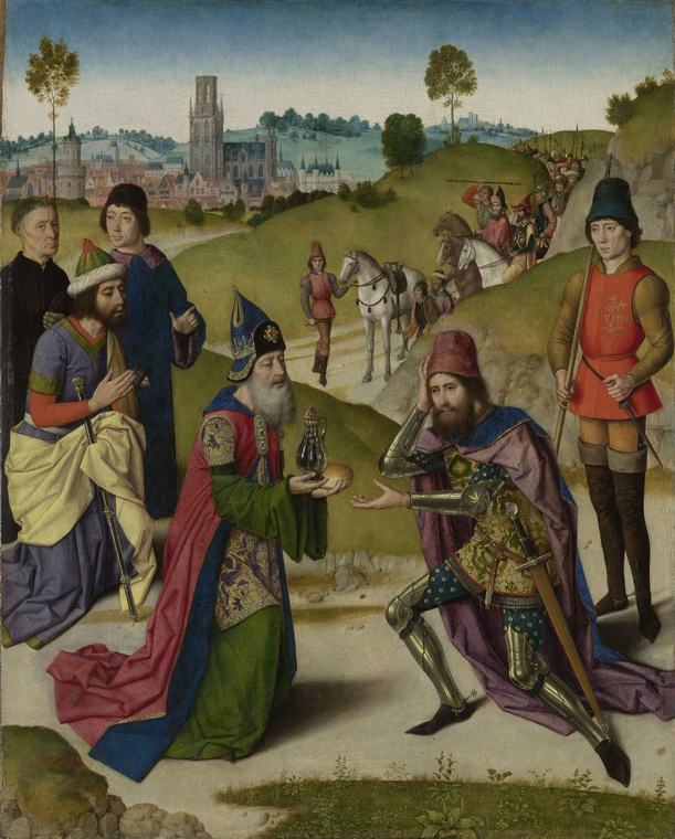 A mitred, white-bearded priest in a green and gold brocade robe holds a glass flask of wine and a round loaf toward a kneeling knight in full armor, with a town and its tall church tower in the distance and a line of soldiers on the hill at right.