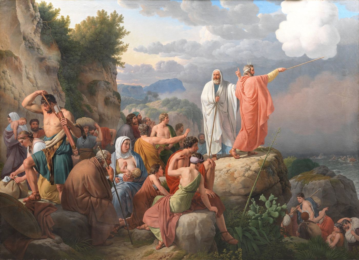 Painting of a figure in a coral robe and a white-robed elder standing on a rock and pointing a staff toward a stormy sea, with seated and standing Israelite families around them and people climbing from the shore at lower right.