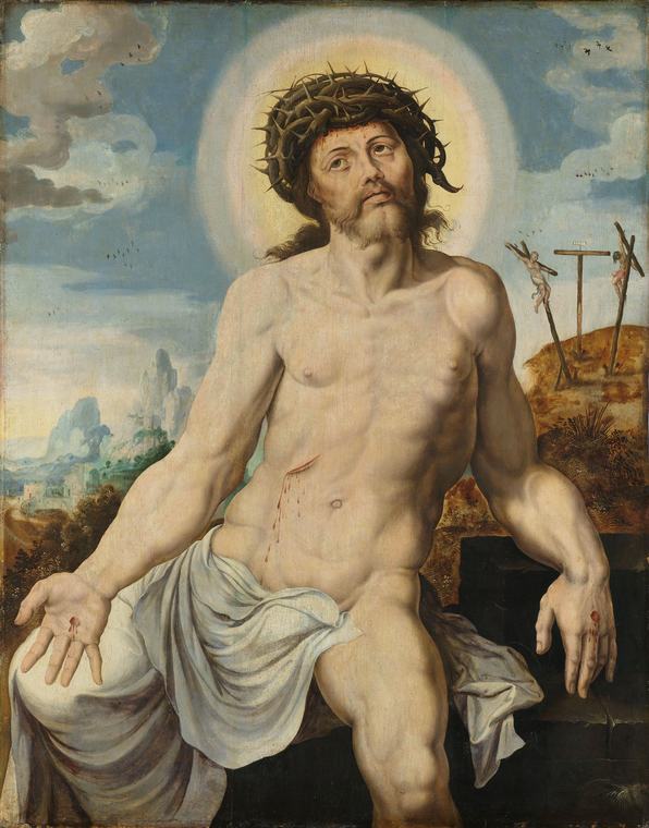 A haloed Christ in a crown of thorns looks upward, with a wound in his side and bleeding hands, against a sky and mountain landscape with three crosses on a hill at the right.