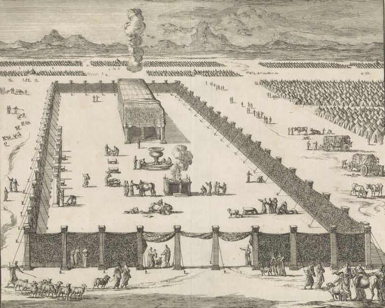 Black-and-white etching of a long rectangular courtyard enclosed by pillars and hanging screens, with a tent at the far end, a smoking altar and a round basin inside, and rows of Israelite tents spreading around it.