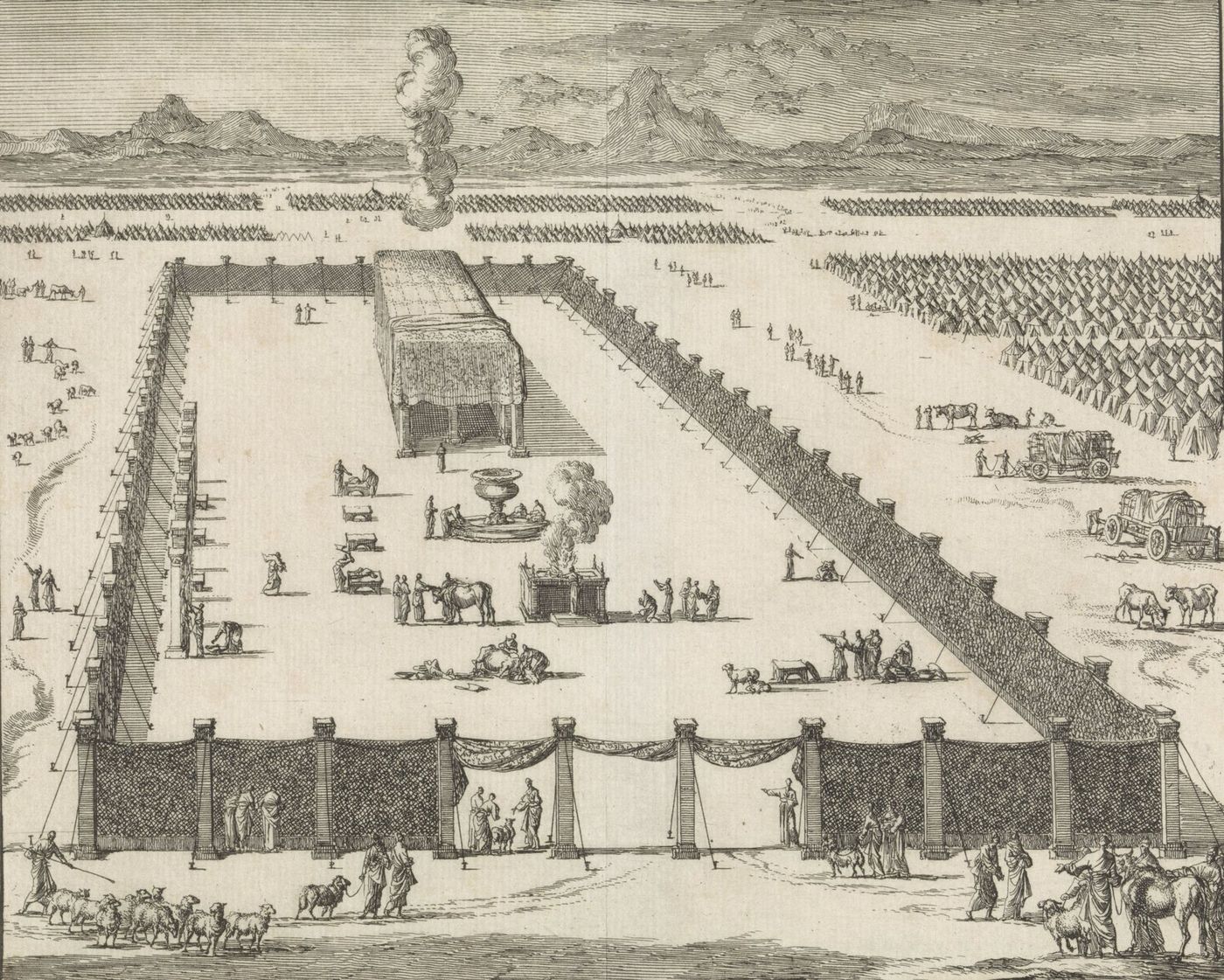 Black-and-white etching of a long rectangular courtyard enclosed by pillars and hanging screens, with a tent at the far end, a smoking altar and a round basin inside, and rows of Israelite tents spreading around it.