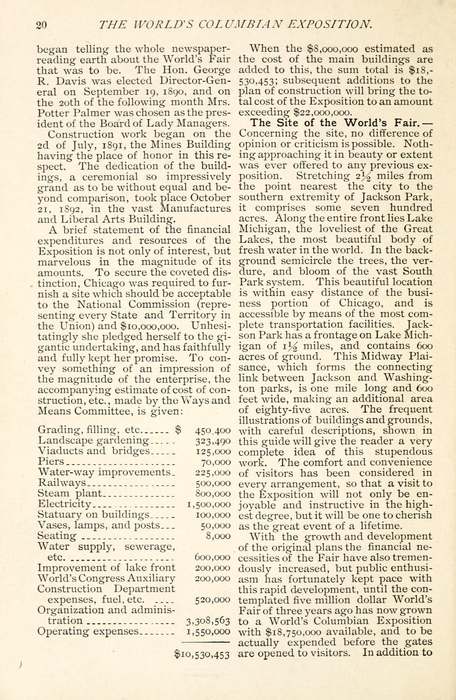 Gedruckte Seite eines Reiseführers mit Baudaten und Baukosten der Ausstellung in Chicago 1893.