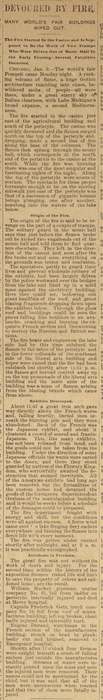 Eingescannte Zeitungsspalte mit der Überschrift Devoured By Fire über den Brand auf dem Chicagoer Ausstellungsgelände 1894.