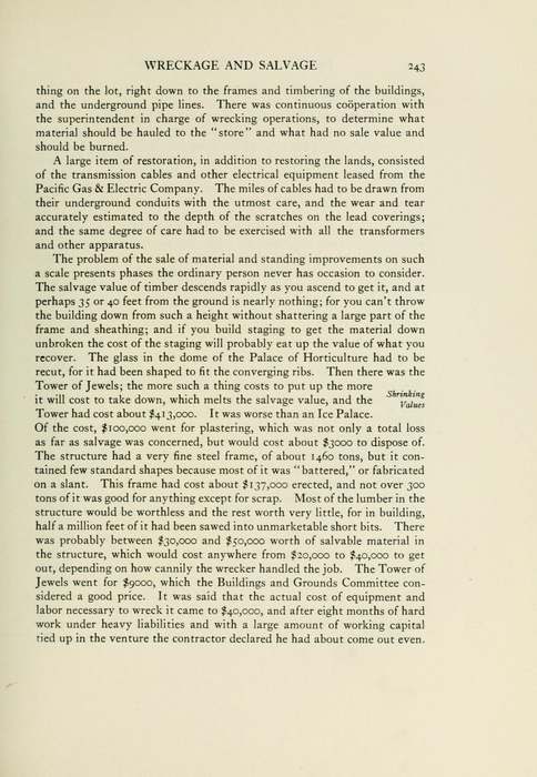 Gedruckte Seite aus der offiziellen Geschichte von 1921 über Verkauf und Abriss der Ausstellungsgebäude von 1915.