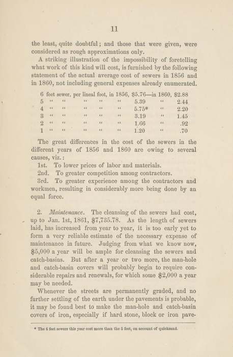 Gedruckte Seite mit einer Tabelle der Kanalisationskosten aus einem Chicagoer Bericht von 1860.