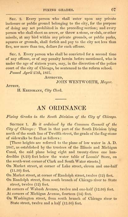 Gedruckte Seite einer Chicagoer Verordnung von 1857 mit einer Liste von Straßenhöhen.