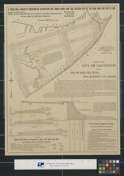 Farbiger Stadtplan von Galveston aus dem Jahr 1902 mit einem Querschnitt der Ufermauer und Textfeldern.