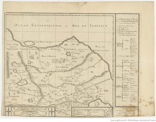 Gestochene französische Karte Nordostasiens von 1684 mit einem Textregister am rechten Rand.