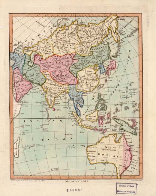 Handkolorierte Karte Asiens von 1796 mit großen Regionsnamen in Rosa und Grün.