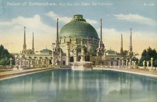 Kolorierte Postkarte von 1915 des Ausstellungsgebäudes Palace of Horticulture in San Francisco.