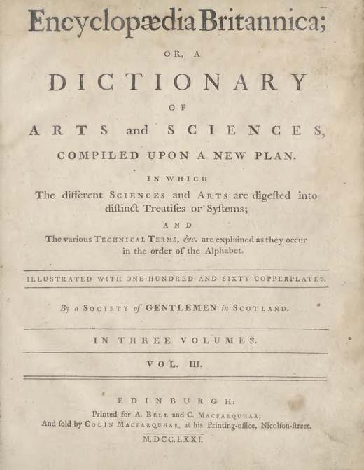 Titelseite des dritten Bandes der Encyclopaedia Britannica von 1771.