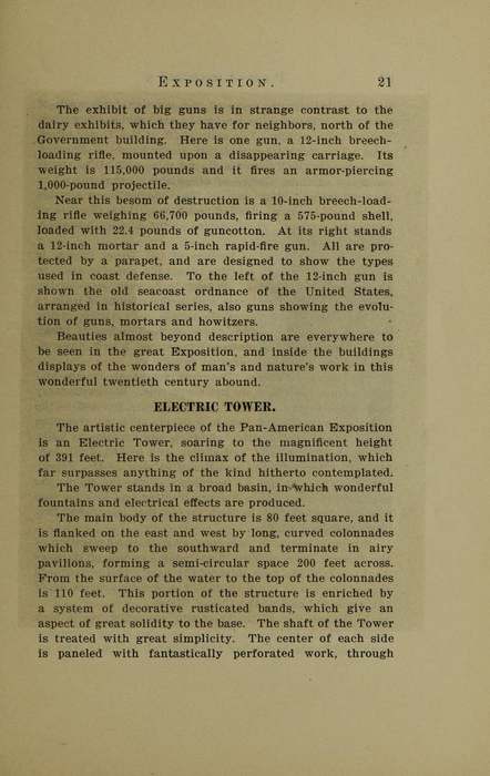 Gedruckte Seite eines Reiseführers mit der Überschrift Electric Tower, die Höhe und Gestaltung des Turms beschreibt.