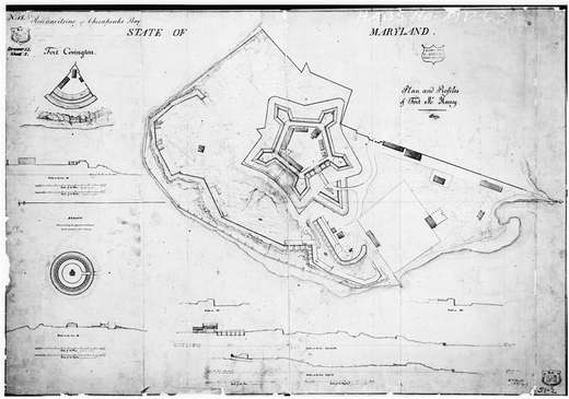 Vermessungsplan des fünfeckigen Fort McHenry mit äußeren Batterien und Querschnittprofilen.