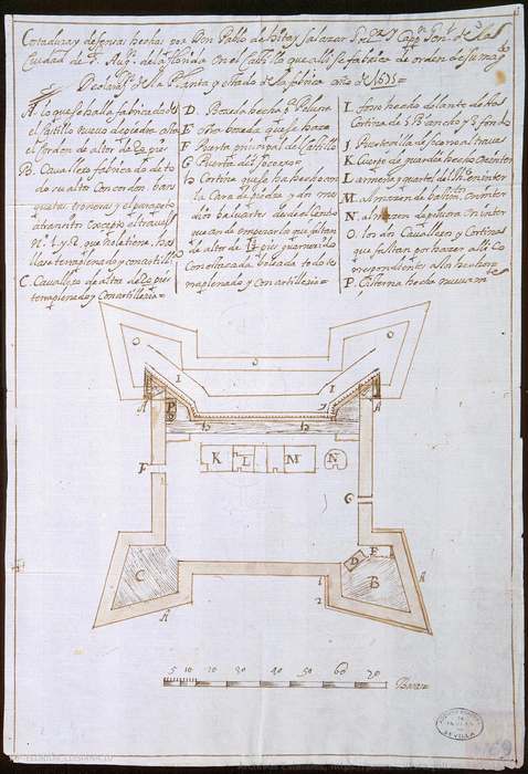 Handgezeichneter kolorierter Plan des Castillo de San Marcos mit Buchstabenlegende und Maßstabsleiste.