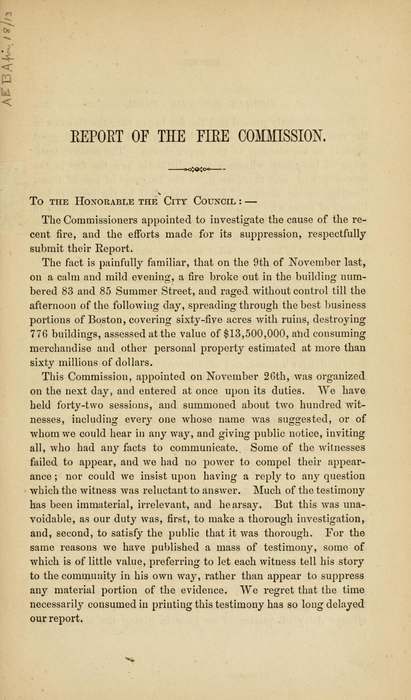 Gedruckte Eröffnungsseite des Berichts der Bostoner Brandkommission von 1873.
