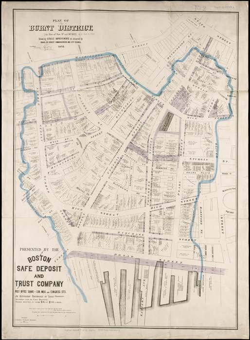 Karte der Bostoner Innenstadt mit umrissenem Brandgebiet und farbig markierten neuen Straßen.