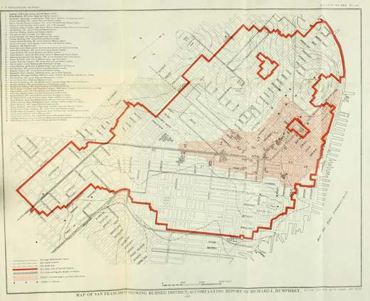 Karte von San Francisco mit rot umrandetem Brandgebiet und nummerierten Gebäuden.