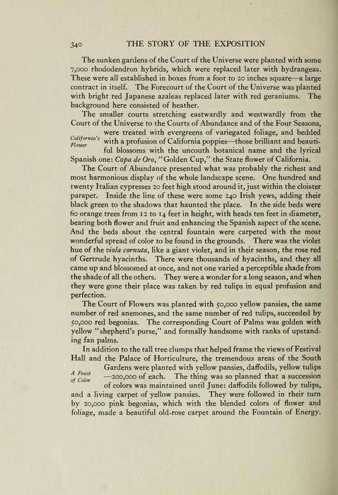 Eingescannte Buchseite mit dichtem Text, der Bepflanzungen auf der Ausstellung von 1915 in San Francisco beschreibt.
