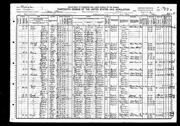 Black-and-white scan of a large printed census sheet headed Thirteenth Census of the United States 1910 Population, filled with rows of handwritten entries in many columns.