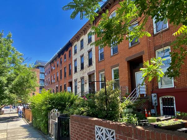 A row of red and cream brick 19th-century houses with ornate cornices and stoops, seen from the sidewalk under a bright blue sky, with leafy branches across the upper right and a brick garden wall in the foreground.