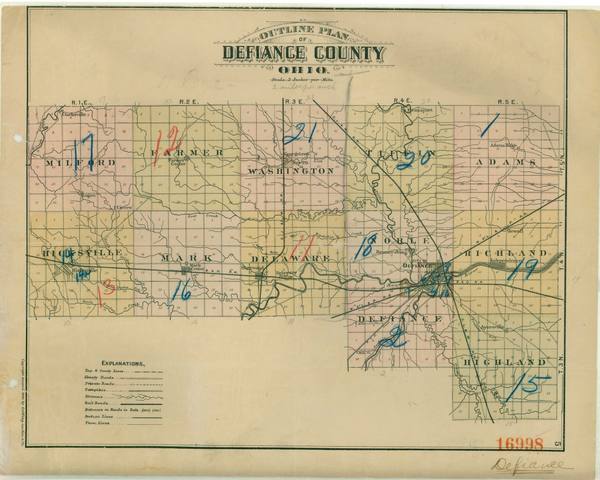 A hand-annotated county map titled Outline Plan of Defiance County, Ohio, with township grids, railroads and colored-pencil numbers marking enumeration districts.