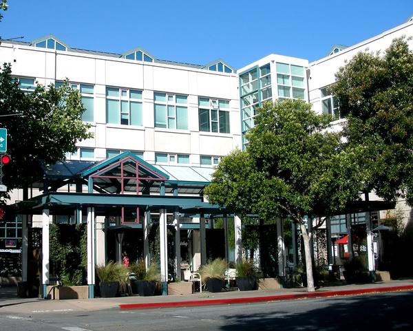 A pale three-story office building with teal-framed windows and a covered, teal-framed entrance arcade, with leafy trees in front, under a clear blue sky.
