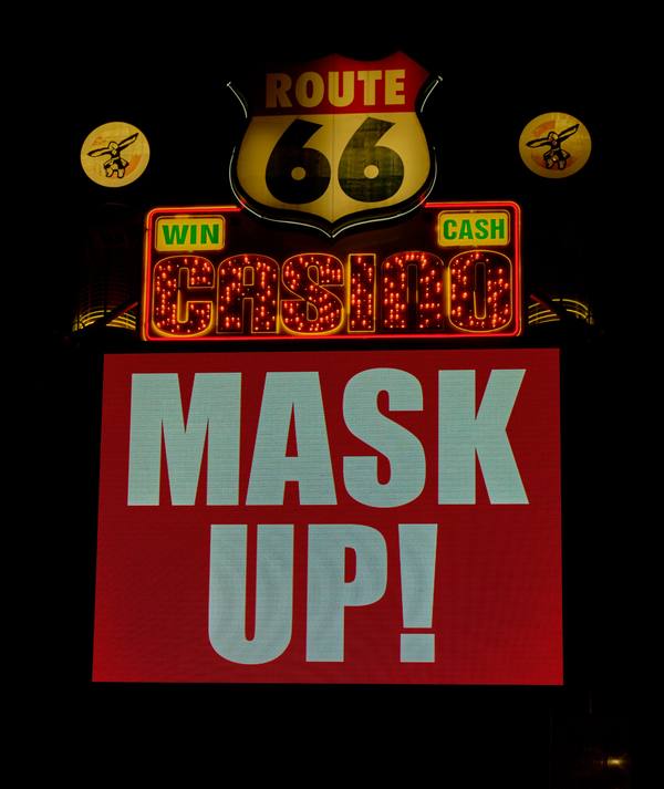A "Mask Up!" sign at the Route 66 Casino Hotel and Travel Center on the south side of Albuquerque, New Mexico, photographed by Carol M. Highsmith in December 2020 during the coronavirus pandemic.