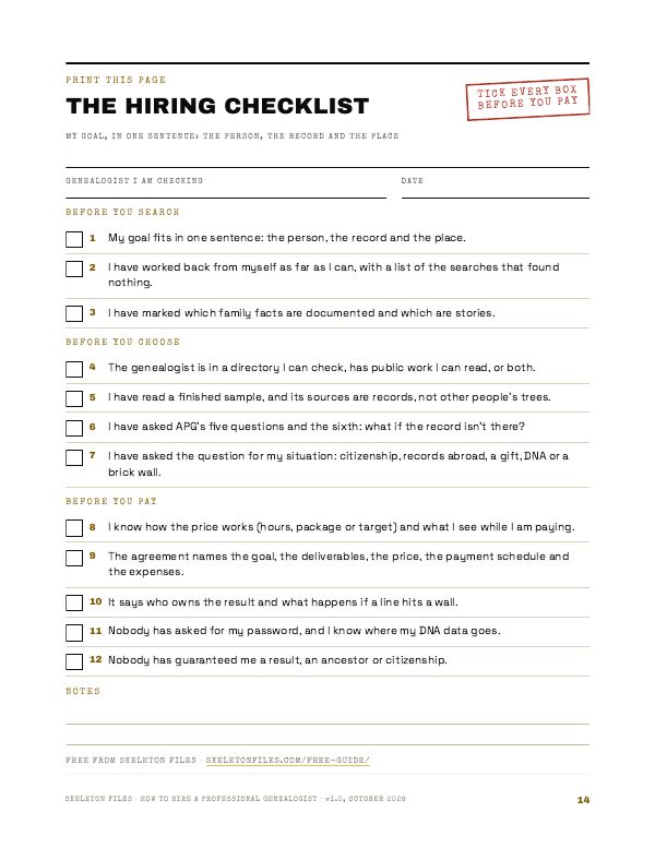 The one-page hiring checklist to print, with twelve boxes to tick